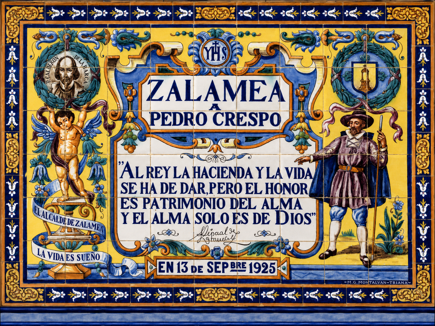Azulejo de cerámica de Zalamea de la Serena dedicado a Pedro Crespo, con cenefa azul y amarilla